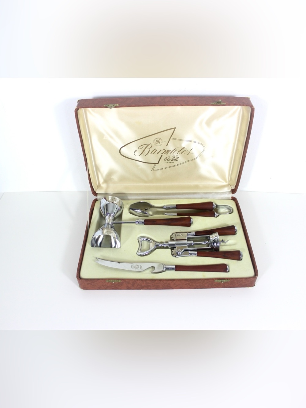 Mid Century Modern Bar Tool Set with Faux Tortoise Bakelite Handles in Box